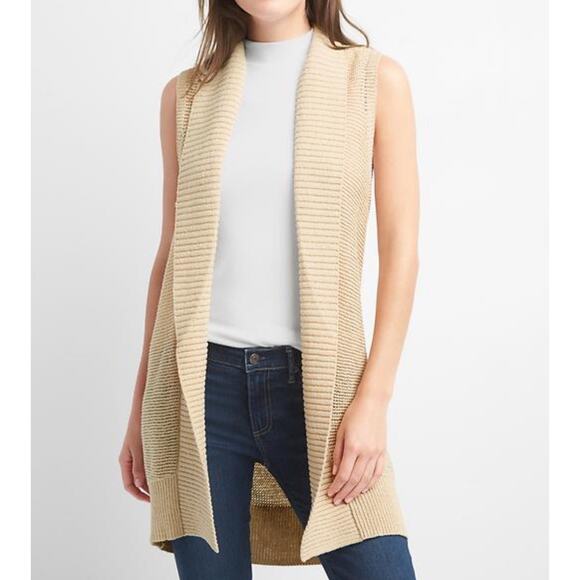Gap Textured Shawl Sweater Vest Womens XS Beige Coastal Minimalist Fisherman - Picture 1 of 8